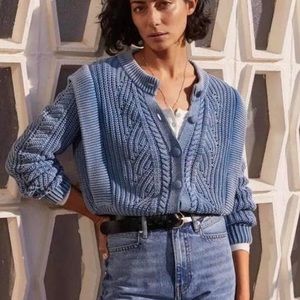 Mango Blue Knit Cable Sweater, Cotton